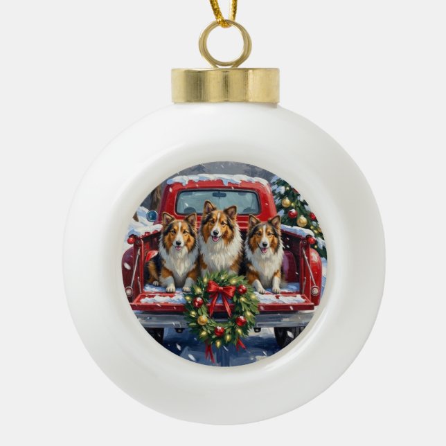 Shetland Sheepdog Christmas Red Truck Holiday Ceramic Ball Christmas Ornament (Front)