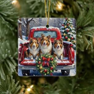 Shetland Sheepdog Christmas Red Truck Holiday Ceramic Ornament