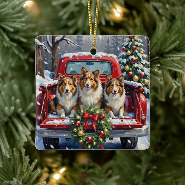 Shetland Sheepdog Christmas Red Truck Holiday Ceramic Ornament (Tree)