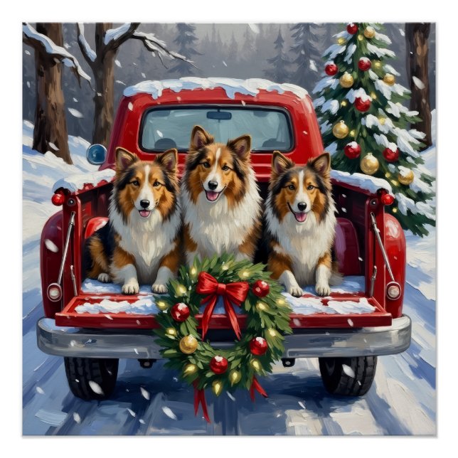 Shetland Sheepdog Christmas Red Truck Holiday Poster (Front)