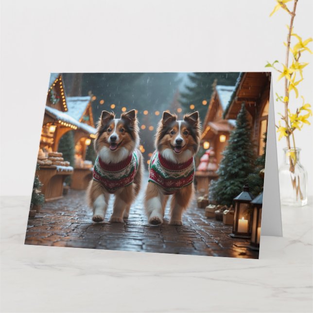 Shetland Sheepdog Christmas Snow Holiday  Card (Yellow Flower)