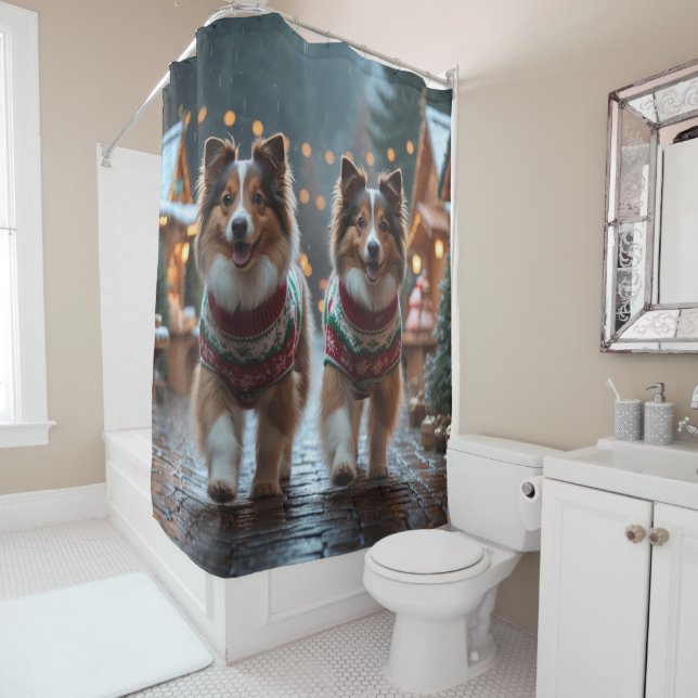 Shetland Sheepdog Christmas Snow Holiday  Shower Curtain (In Situ)
