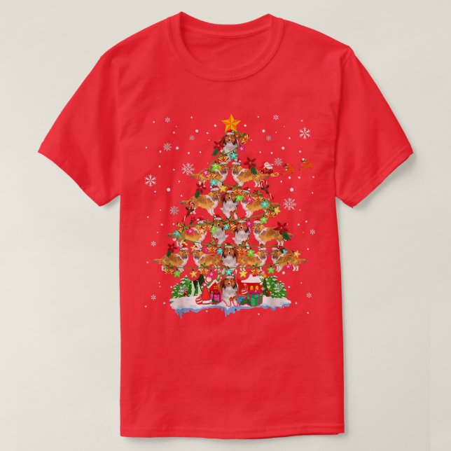Shetland Sheepdog Christmas Tree Lights Santa Shel T-Shirt (Design Front)