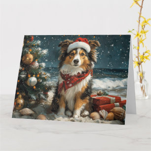 Shetland Sheepdog Christmas Vintage Beach  Card