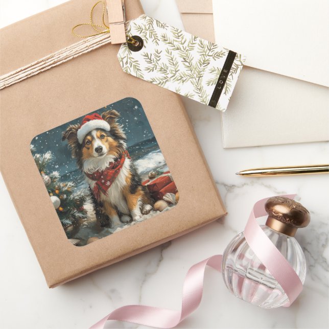 Shetland Sheepdog Christmas Vintage Beach  Square Sticker (Gifting)