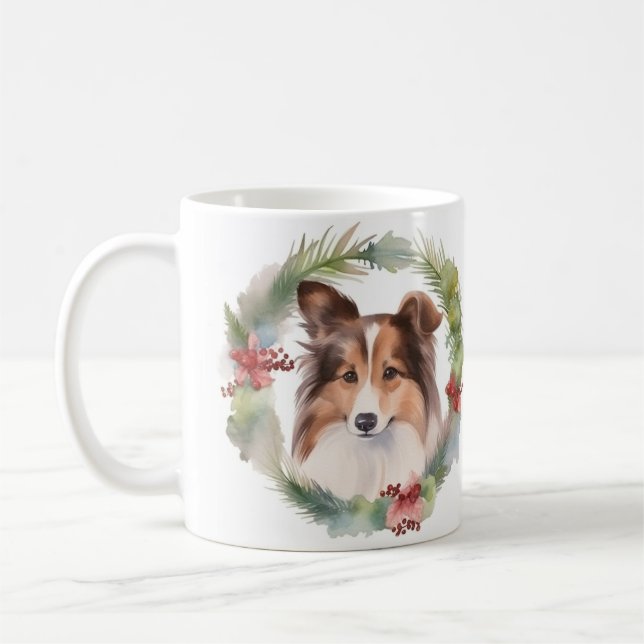 Shetland Sheepdog Christmas Wreath Festive Pup Coffee Mug (Left)