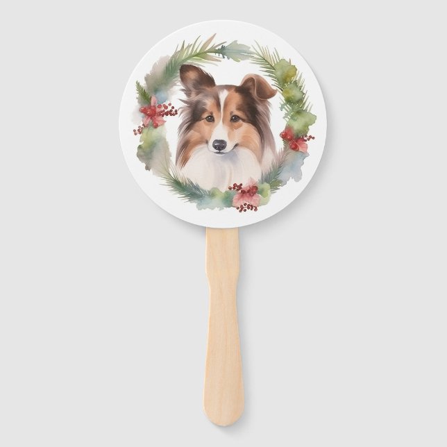 Shetland Sheepdog Christmas Wreath Festive Pup Hand Fan (Front)