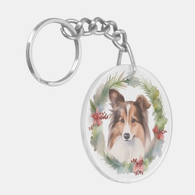 Shetland Sheepdog Christmas Wreath Festive Pup Key Ring (Front Left)