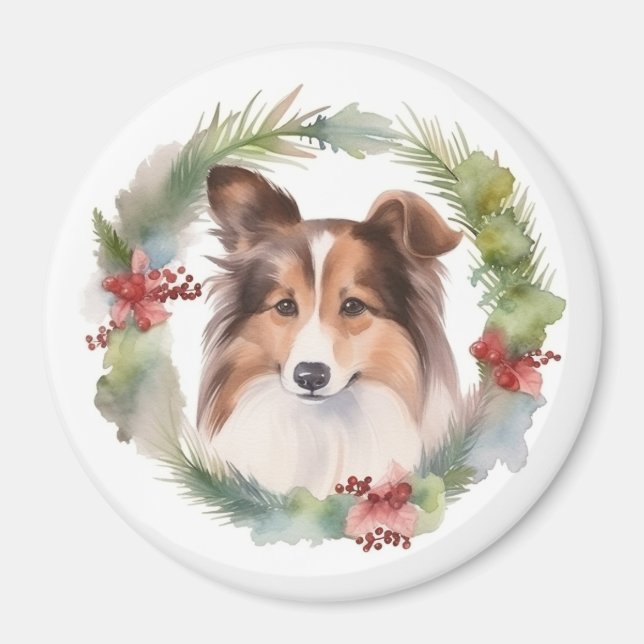 Shetland Sheepdog Christmas Wreath Festive Pup Magnet (Front)