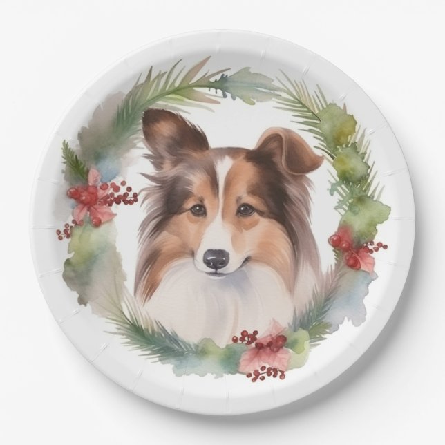 Shetland Sheepdog Christmas Wreath Festive Pup Paper Plate (Front)