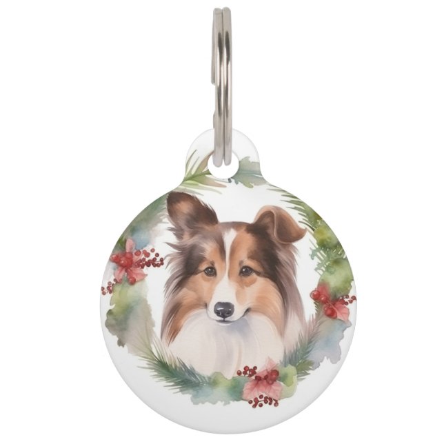 Shetland Sheepdog Christmas Wreath Festive Pup Pet Tag (Front)