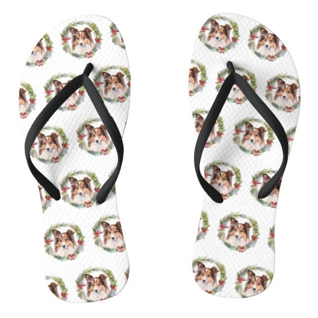 Shetland Sheepdog Christmas Wreath Festive Pup Thongs (Footbed)