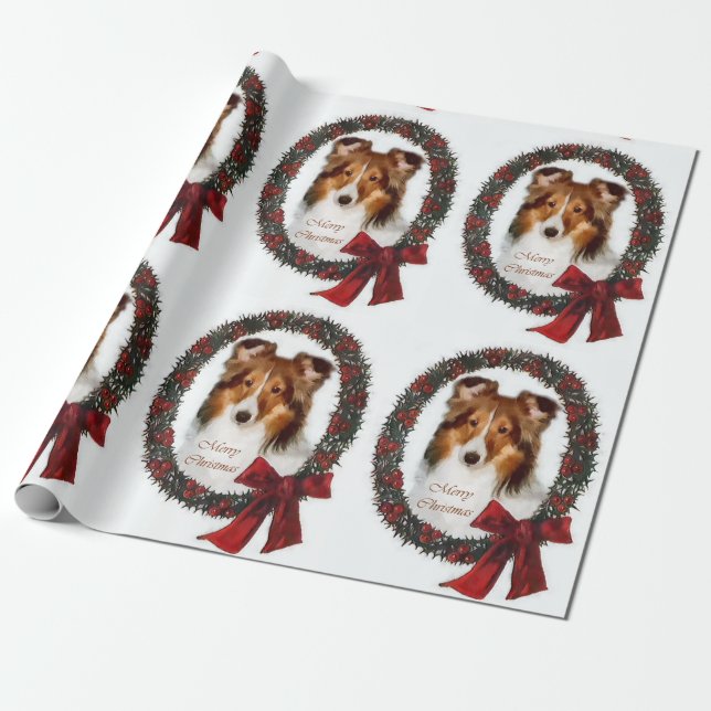 Shetland Sheepdog Christmas Wreath Wrapping Paper (Unrolled)