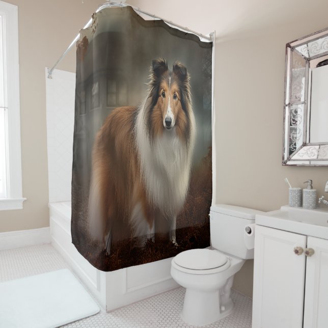 Shetland Sheepdog Halloween Scary Shower Curtain (In Situ)