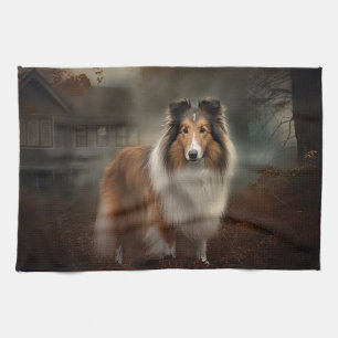 Shetland Sheepdog Halloween Scary Tea Towel