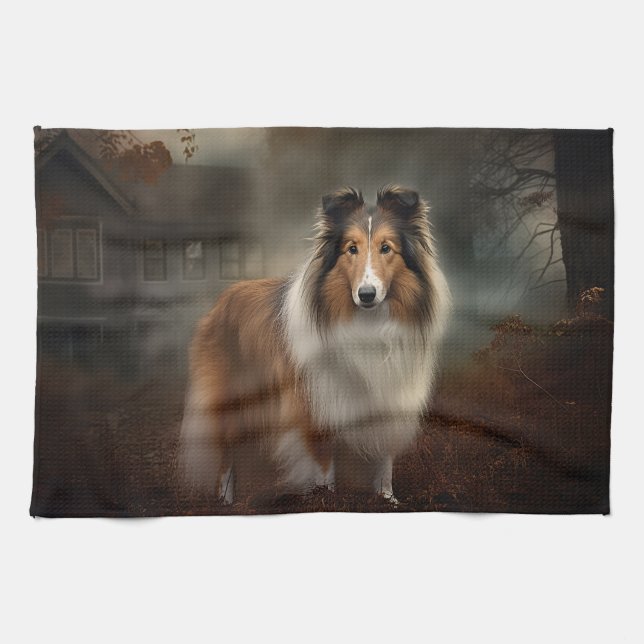 Shetland Sheepdog Halloween Scary Tea Towel (Horizontal)