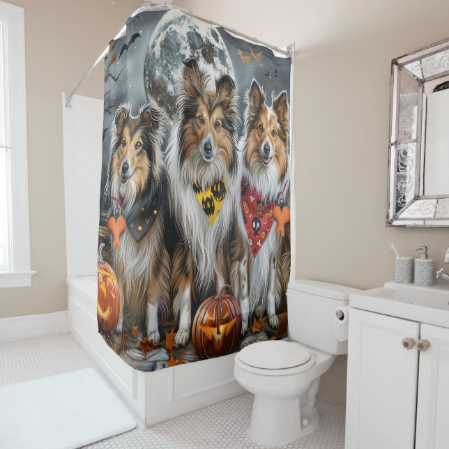 Shetland Sheepdog Halloween Spooky  Shower Curtain (In Situ)