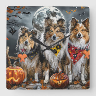 Shetland Sheepdog Halloween Spooky Square Wall Clock
