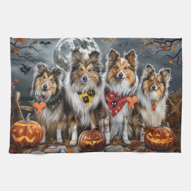 Shetland Sheepdog Halloween Spooky  Tea Towel (Horizontal)