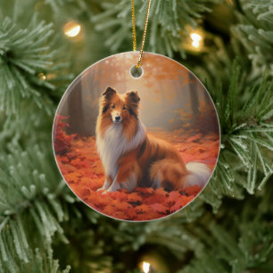 Shetland Sheepdog in Autumn Leaves Fall Inspire  Ceramic Ornament