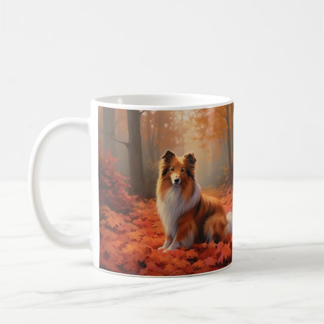 Shetland Sheepdog in Autumn Leaves Fall Inspire  Coffee Mug (Left)