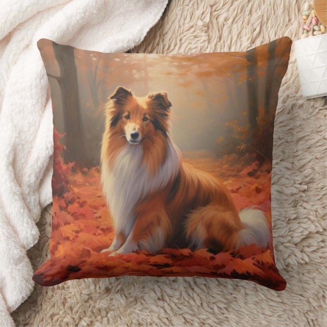 Shetland Sheepdog in Autumn Leaves Fall Inspire  Cushion (Blanket)