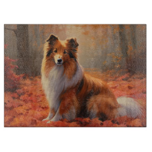 Shetland Sheepdog in Autumn Leaves Fall Inspire Cutting Board