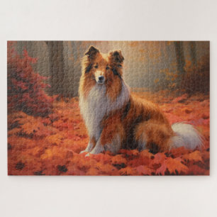 Shetland Sheepdog in Autumn Leaves Fall Inspire  Jigsaw Puzzle