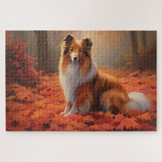 Shetland Sheepdog in Autumn Leaves Fall Inspire  Jigsaw Puzzle (Horizontal)