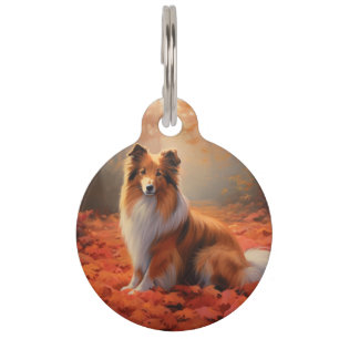 Shetland Sheepdog in Autumn Leaves Fall Inspire  Pet Tag