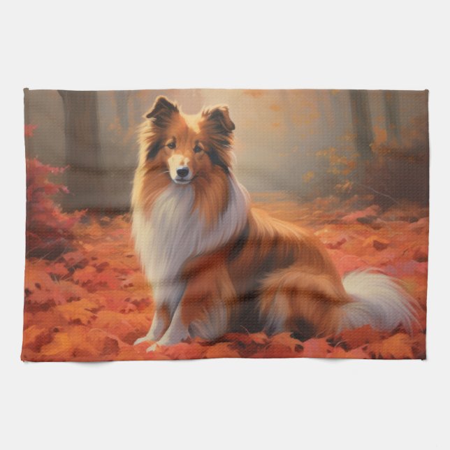 Shetland Sheepdog in Autumn Leaves Fall Inspire  Tea Towel (Horizontal)