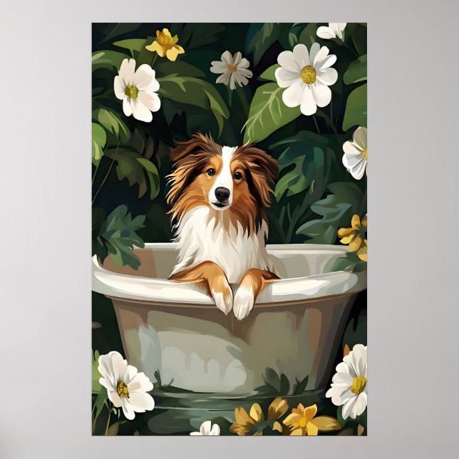 Shetland Sheepdog In Bathtub Poster, Funny Dog Poster (Front)
