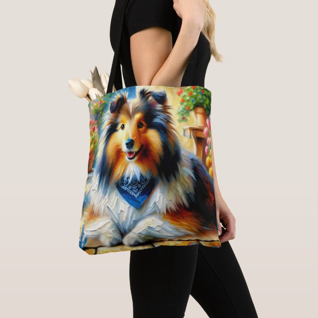 Shetland Sheepdog in Cottage Garden Scene Tote Bag (Close Up)