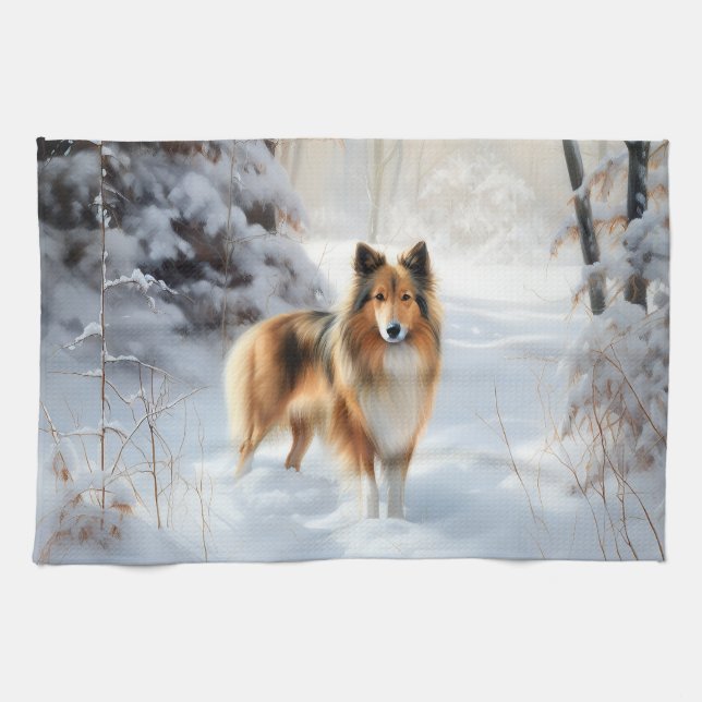 Shetland Sheepdog Let It Snow Christmas Tea Towel (Horizontal)