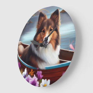 Shetland Sheepdog on a Paddle: A Scenic Adventure Large Clock