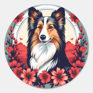 Shetland Sheepdog Portrait with Vibrant Flowers Classic Round Sticker