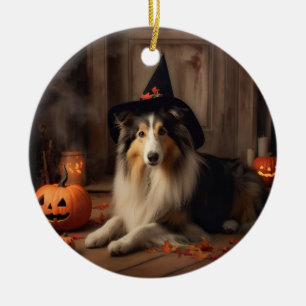 Shetland Sheepdog Pumpkins Halloween Scary  Ceramic Ornament