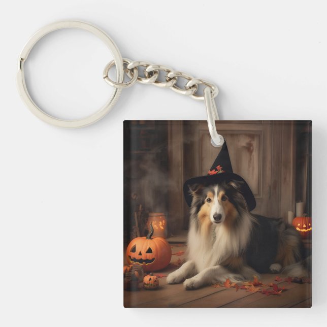 Shetland Sheepdog Pumpkins Halloween Scary  Key Ring (Front)