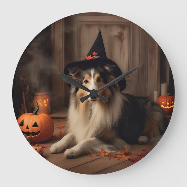 Shetland Sheepdog Pumpkins Halloween Scary  Large Clock (Front)