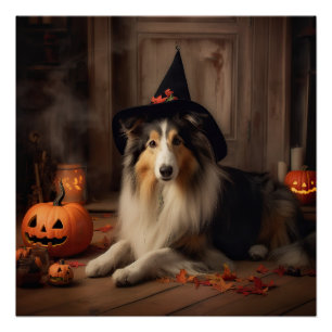 Shetland Sheepdog Pumpkins Halloween Scary  Poster