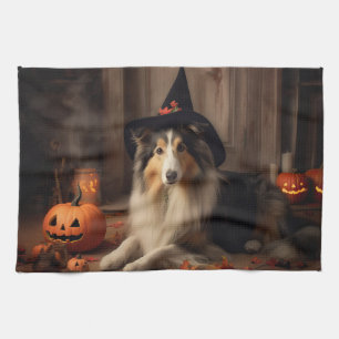 Shetland Sheepdog Pumpkins Halloween Scary  Tea Towel