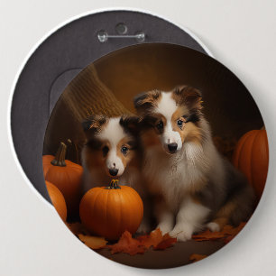 Shetland Sheepdog Puppy Autumn Delight Pumpkin  6 Cm Round Badge