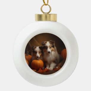 Shetland Sheepdog Puppy Autumn Delight Pumpkin  Ceramic Ball Christmas Ornament