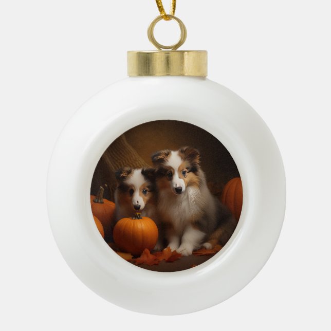 Shetland Sheepdog Puppy Autumn Delight Pumpkin  Ceramic Ball Christmas Ornament (Front)