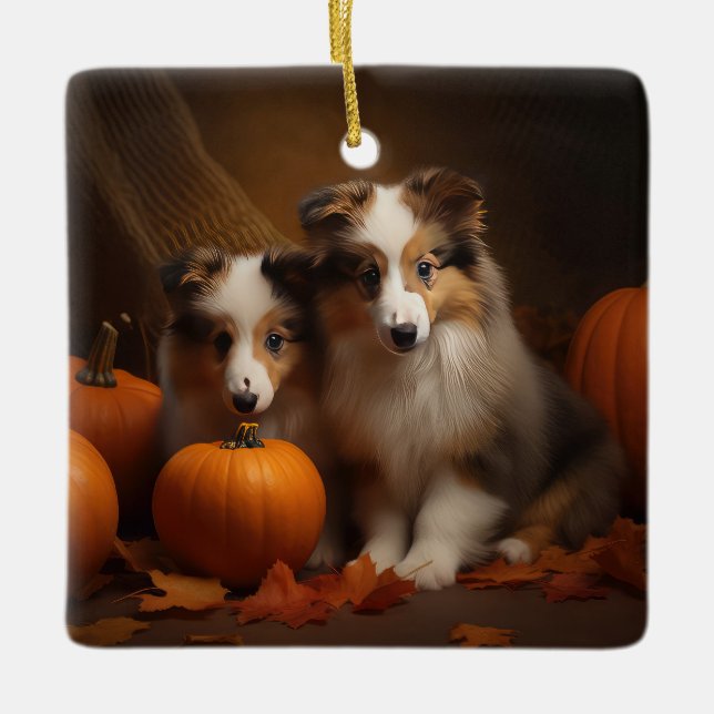 Shetland Sheepdog Puppy Autumn Delight Pumpkin  Ceramic Ornament (Front)