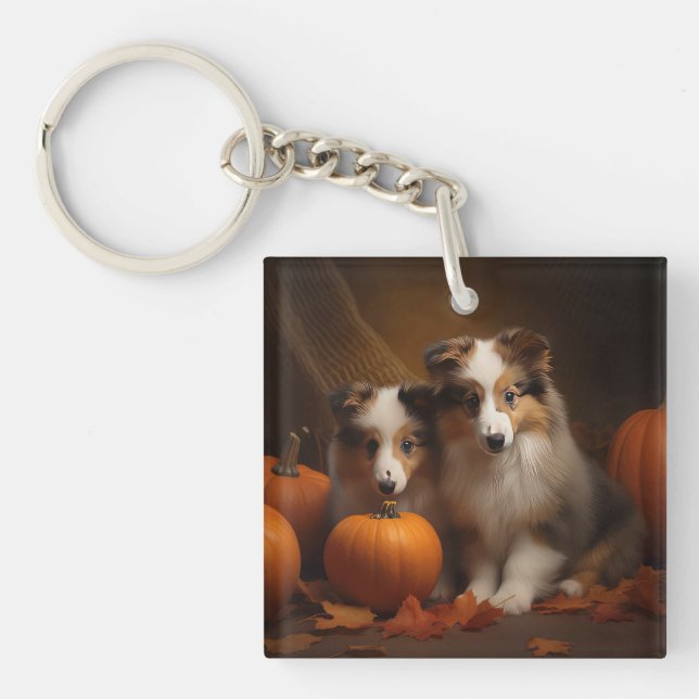 Shetland Sheepdog Puppy Autumn Delight Pumpkin  Key Ring (Front)