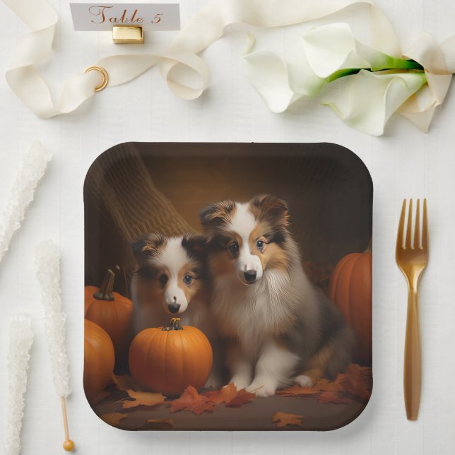 Shetland Sheepdog Puppy Autumn Delight Pumpkin  Paper Plate (Wedding)
