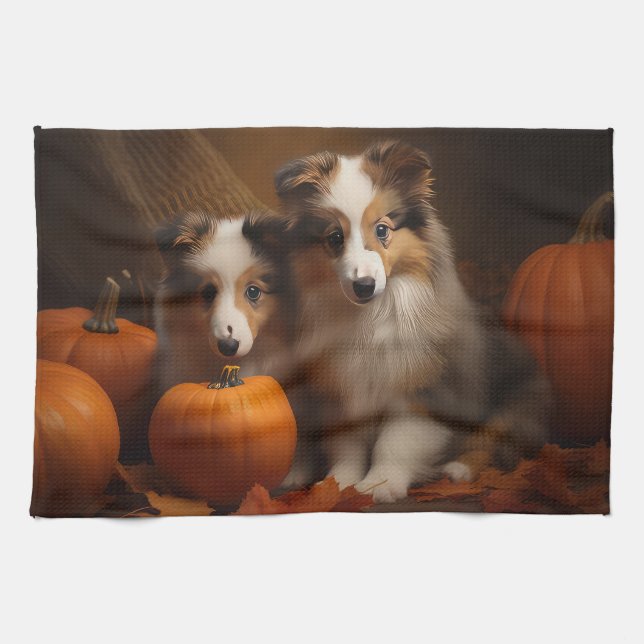 Shetland Sheepdog Puppy Autumn Delight Pumpkin  Tea Towel (Horizontal)