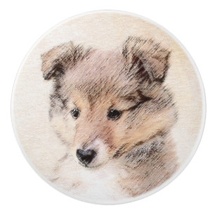 Shetland Sheepdog Puppy Painting Original Dog Art Ceramic Knob