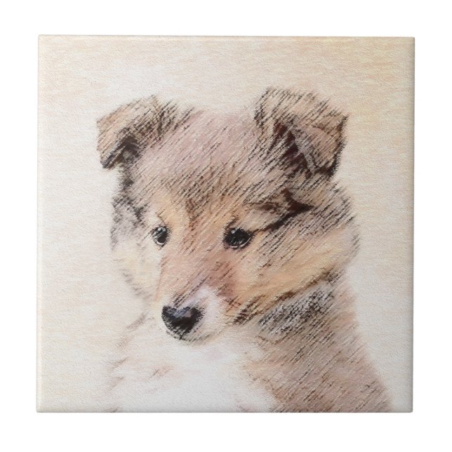 Shetland Sheepdog Puppy Painting Original Dog Art Ceramic Tile (Front)